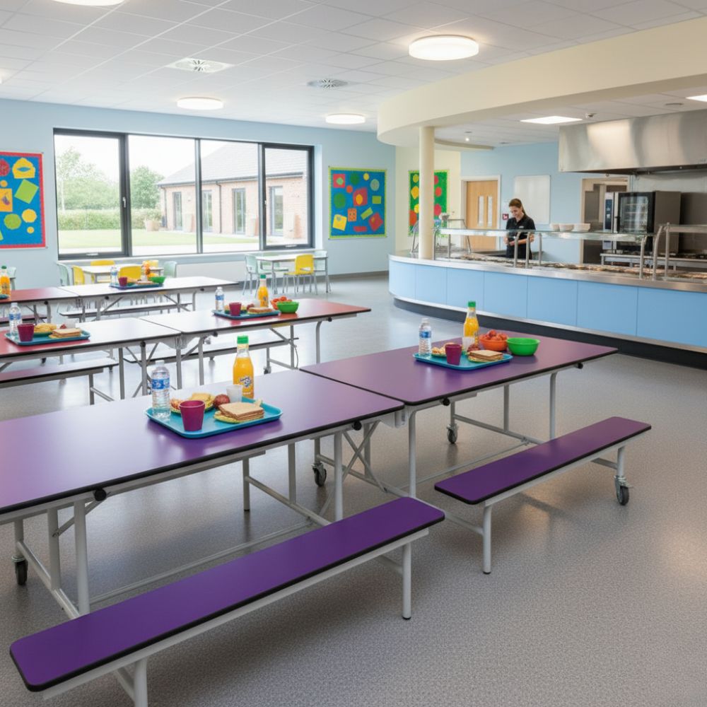 Purple laminated folding canteen tables with integrated benches in a colourful primary school cafeteria, set with breakfast trays and juice bottles.