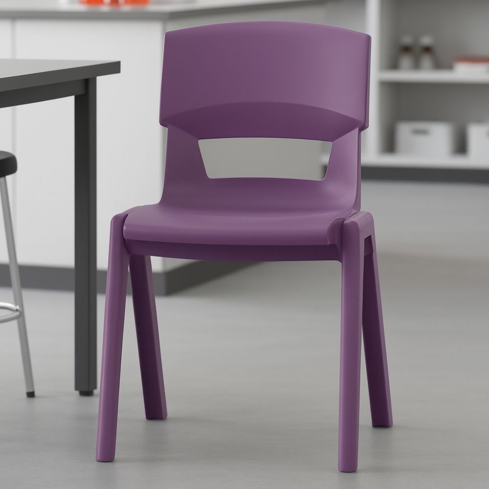 A sturdy purple classroom chair positioned in a clean, modern science lab with grey worktops and shelving in the background.