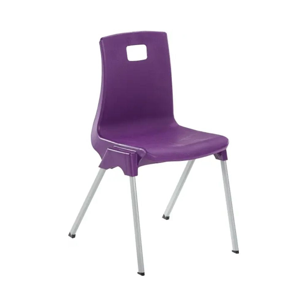 Purple plastic chair with silver legs and top-handle backrest, suitable for classroom stacking.