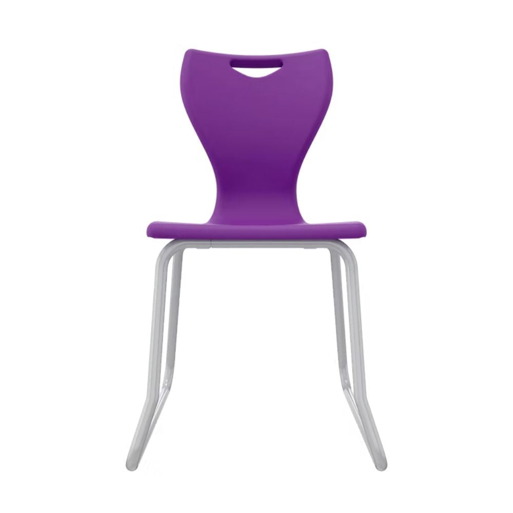 A deep purple high school student chair featuring a weight-bearing steel skid frame and an anti-tip safety profile for older classroom environments.