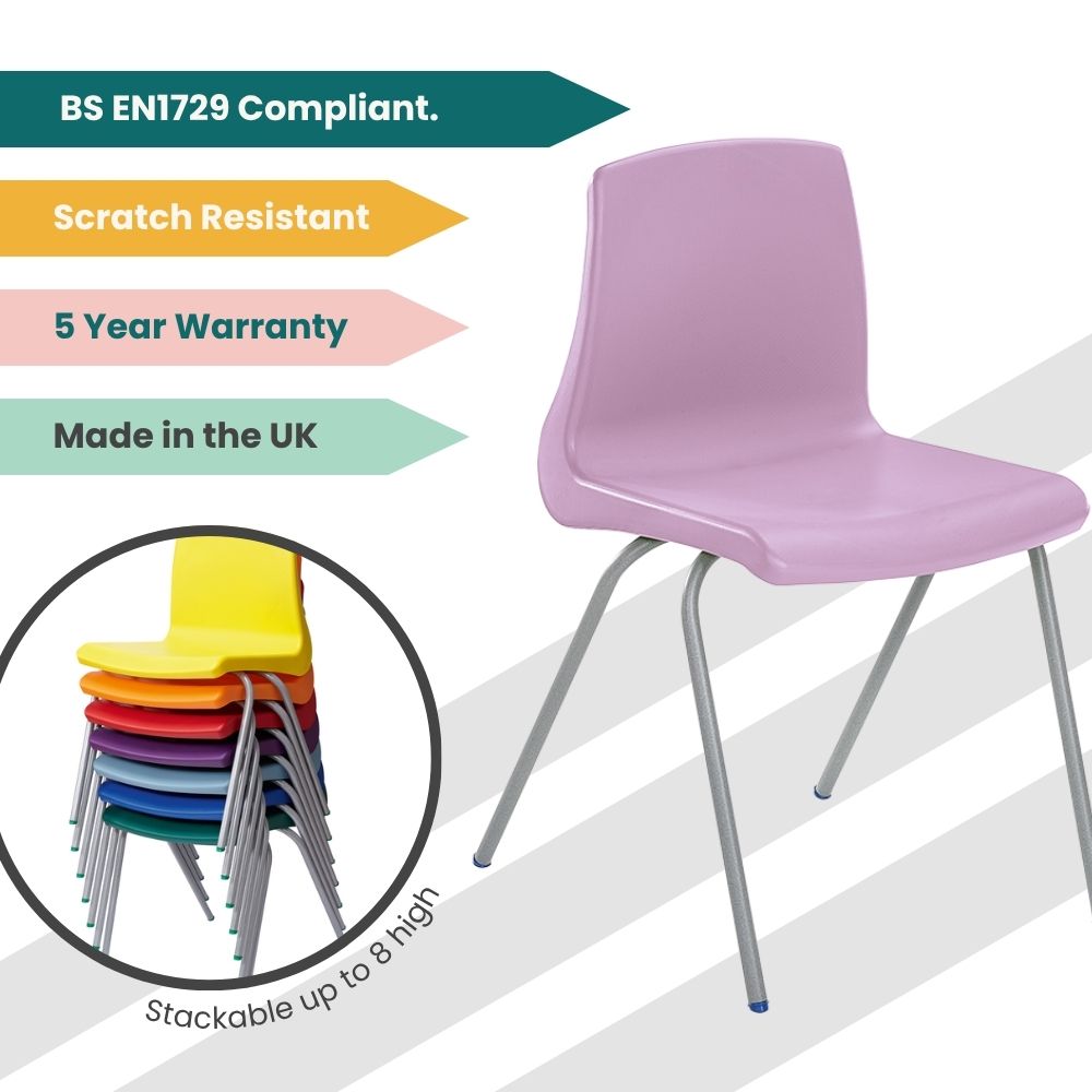 
Promotional graphic of purple classroom chair with tags for BS EN1729 compliance, scratch resistance, 5-year warranty, UK manufacture, and stackability up to 8 high.
