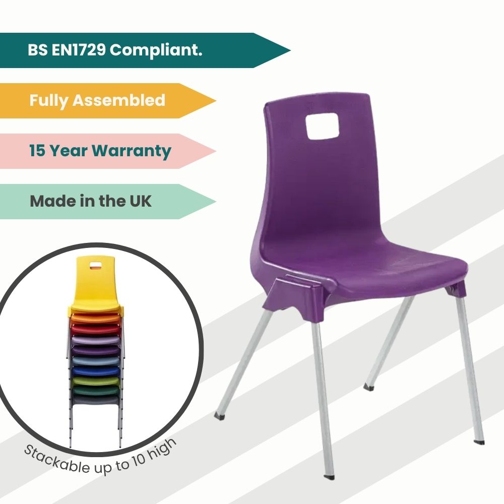 Purple classroom chair with promotional tags for compliance, warranty, and stackable design.
