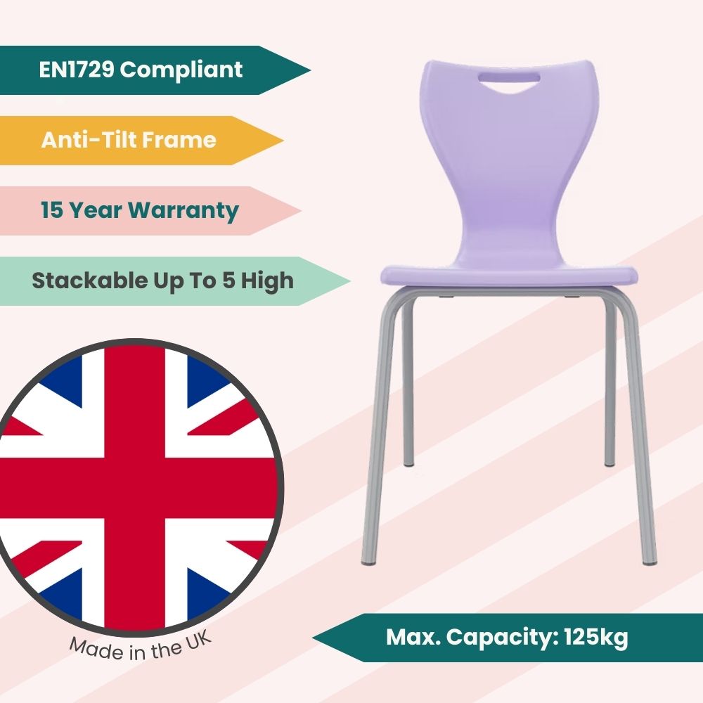 Pastel purple classroom seat with a heavy-duty polypropylene shell and corrosion-resistant metal legs, perfect for creative learning zones.