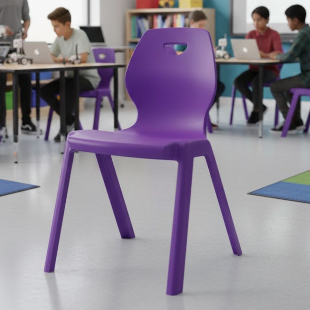 Purple plastic chair with triangular backrest cutout and ergonomic seat, suitable for student seating.