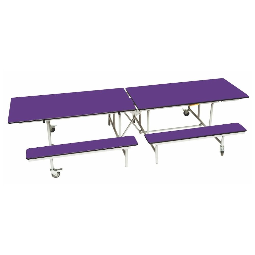Purple laminated 3-in-1 folding canteen bench unit with integrated seating.