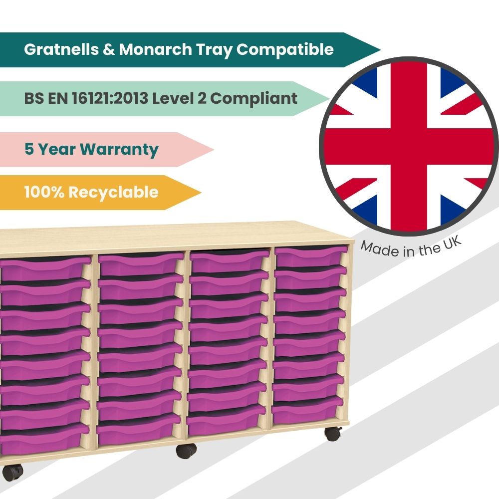 Wooden classroom tray storage unit with purple trays, displaying UK-made badge and certifications including BS EN compliance, tray compatibility, five-year warranty, and recyclability.