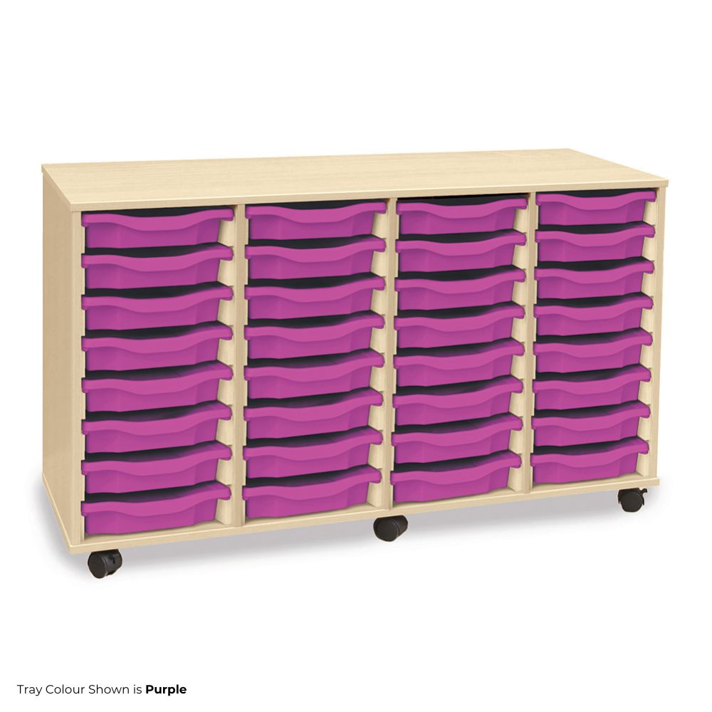 School storage unit in light wood finish with four columns of vibrant purple plastic trays, mounted on castor wheels for easy movement in classroom or educational spaces.