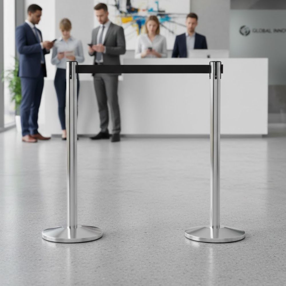 Q-Line polished stainless steel retractable barrier post with 3.4m black belt for queue control in a modern reception area with staff in the background.