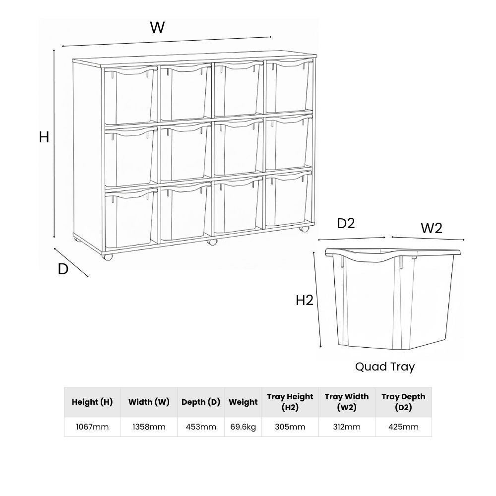 Technical line diagram of a school storage unit with quad-height trays, detailing full unit and tray dimensions including height, width, depth, and weight.