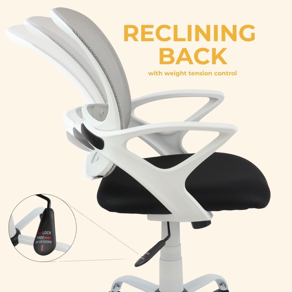 Ergonomic chair with mesh backrest shown in three reclined positions. Features weight tension control, locking lever, and white frame with black cushioned seat for adjustable comfort in work environments.