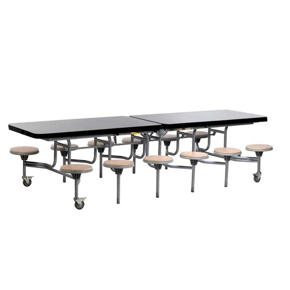 Black rectangular folding cafeteria table with 12 oak finish stools and grey frame on wheels, durable design for school and workplace canteens