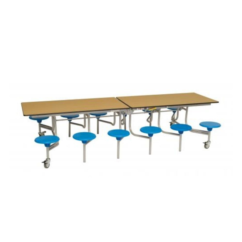 School cafeteria table with light wood top, sixteen blue stools, and foldable metal frame for easy storage.