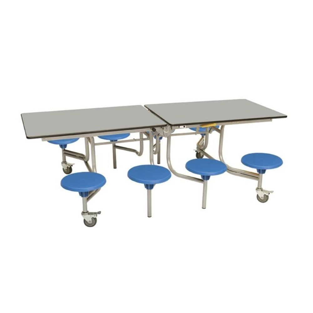 Dual-panel folding table with eight round blue stools and mobile metal base for institutional use.