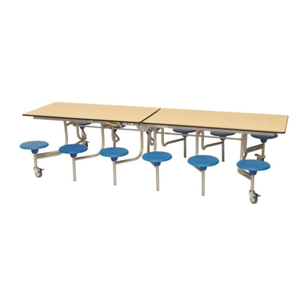 Rectangular folding table with sixteen blue stools and wheeled metal frame, designed for school dining areas.
