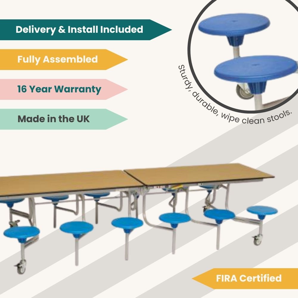 Promotional graphic of rectangular folding table with blue stools and tags for UK manufacture, 16-year warranty, FIRA certification, full assembly, and delivery included.