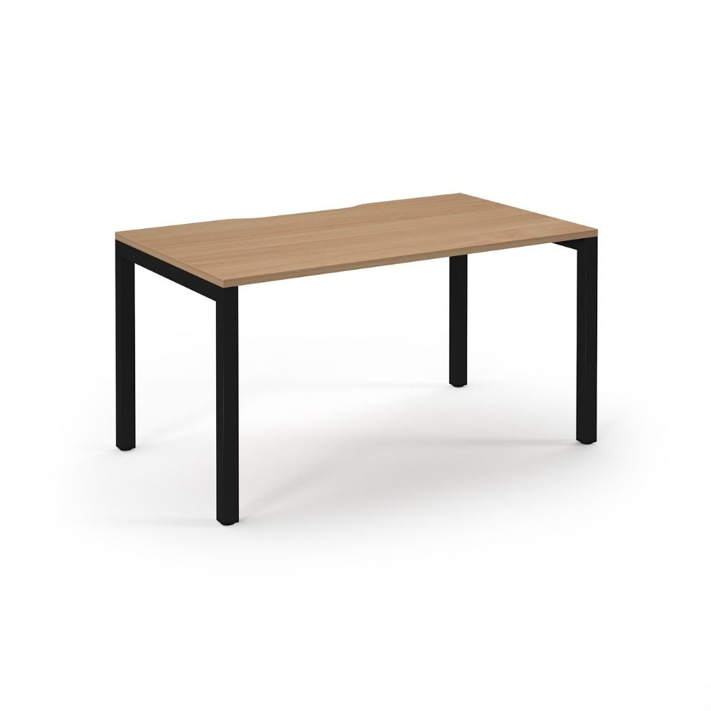 Rectangular wooden office desk featuring a natural wood finish top and sturdy black metal legs, ideal for modern workspaces.