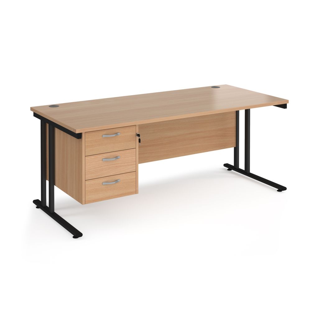 Rectangular office work desk with light wood finish surface, secure three drawer pedestal, twin cable grommets and robust black metal leg structure for business use