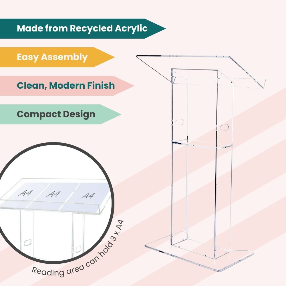 Eco-friendly acrylic lectern with feature tags for recycled build, compact design, and top surface sized for three A4 sheets.