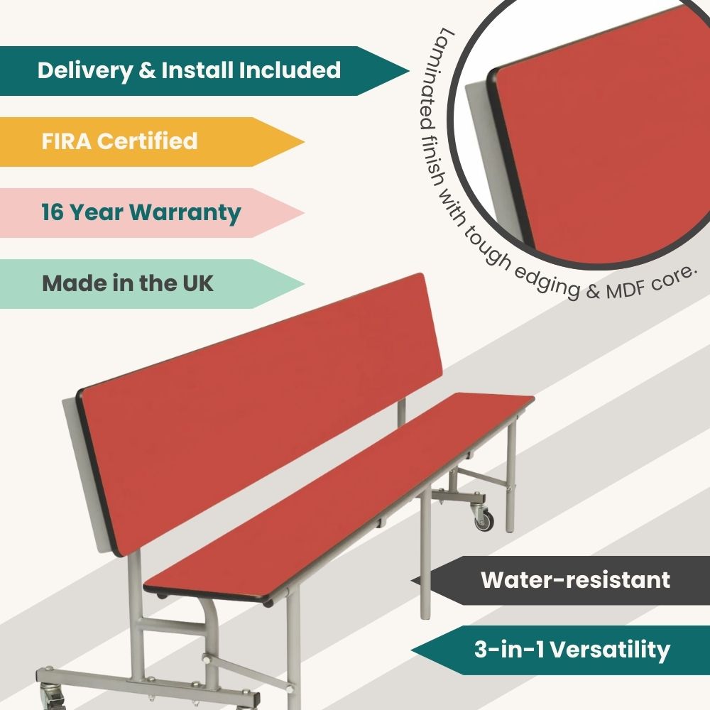 Red folding 3-in-1 dining bench unit showing delivery included, FIRA certification, UK made, and 16-year warranty.