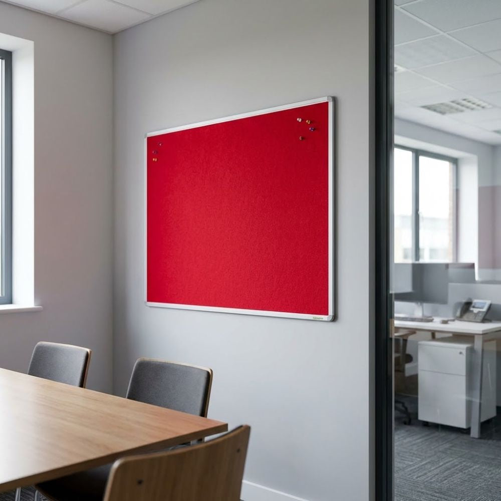 Red aluminium framed noticeboard mounted on a light grey wall in a modern meeting room with wooden table and chairs, positioned beside a glass office partition.