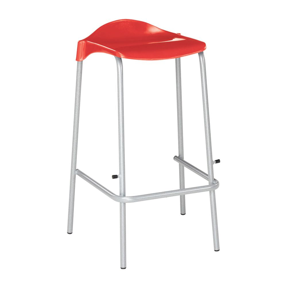 
Red plastic bar stool with silver frame and footrest, designed for modern bar or kitchen environments.
