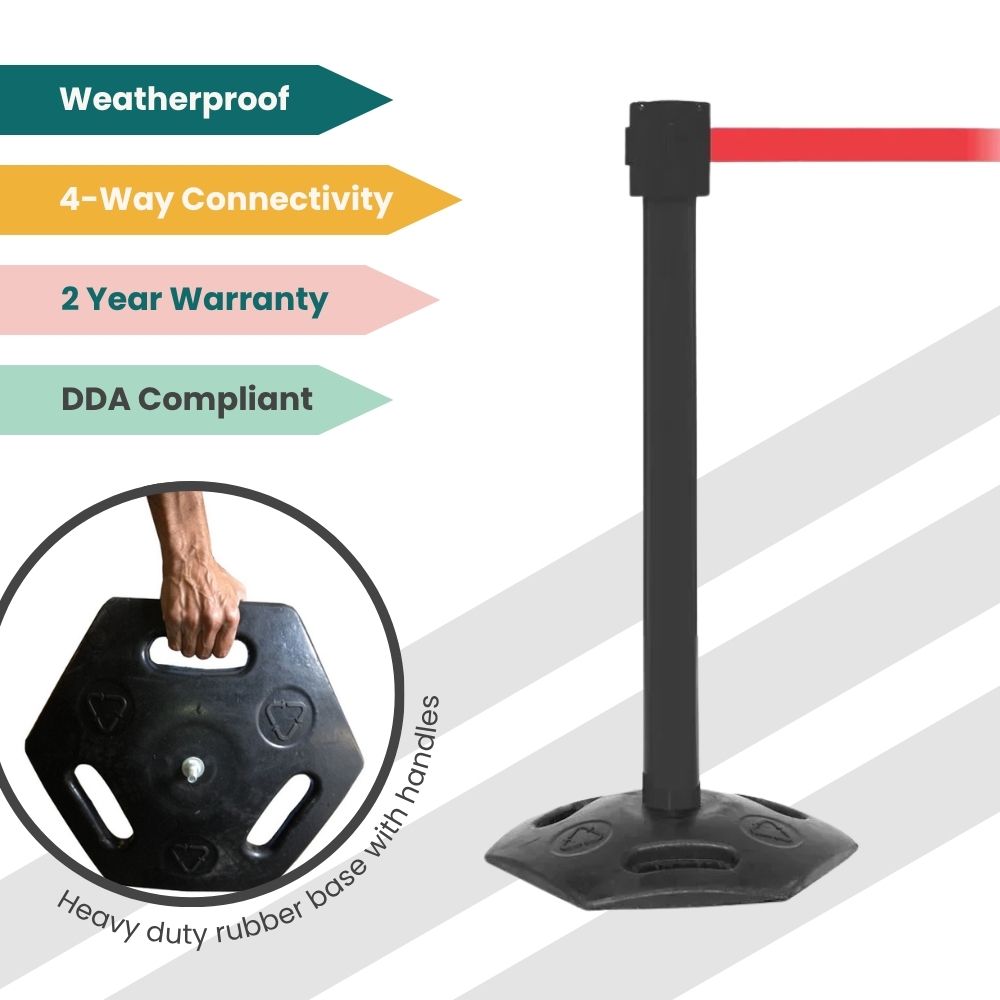 Black stanchion with red belt and rubber base, featuring belt brake, weatherproof design, and 2-year warranty for crowd control.