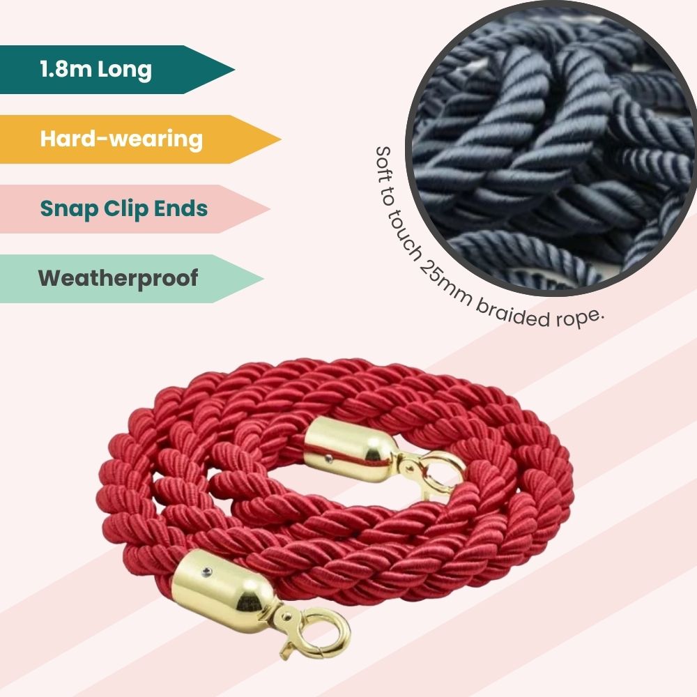 Red braided rope with soft texture and gold clips, built for weatherproof crowd control setups.