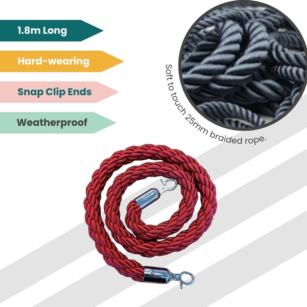 Red braided rope with gold clips and soft texture, built for durable public access control.