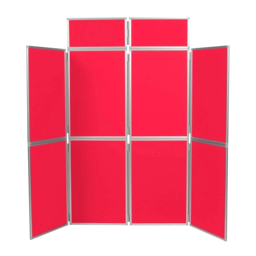 Ten-panel red display board with tiered layout and silver frame, suitable for foldable exhibition setups.