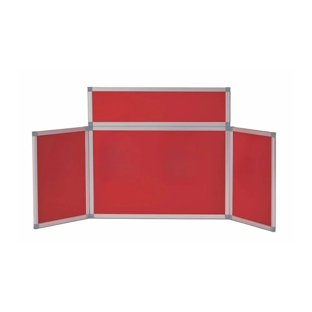 Red three-panel display board with silver frame and elevated centre panel, ideal for visual presentations.