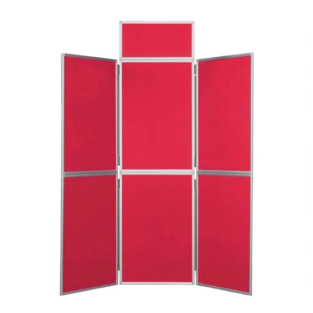 Seven-panel red display board with tiered layout and silver frame, suitable for foldable exhibition setups.