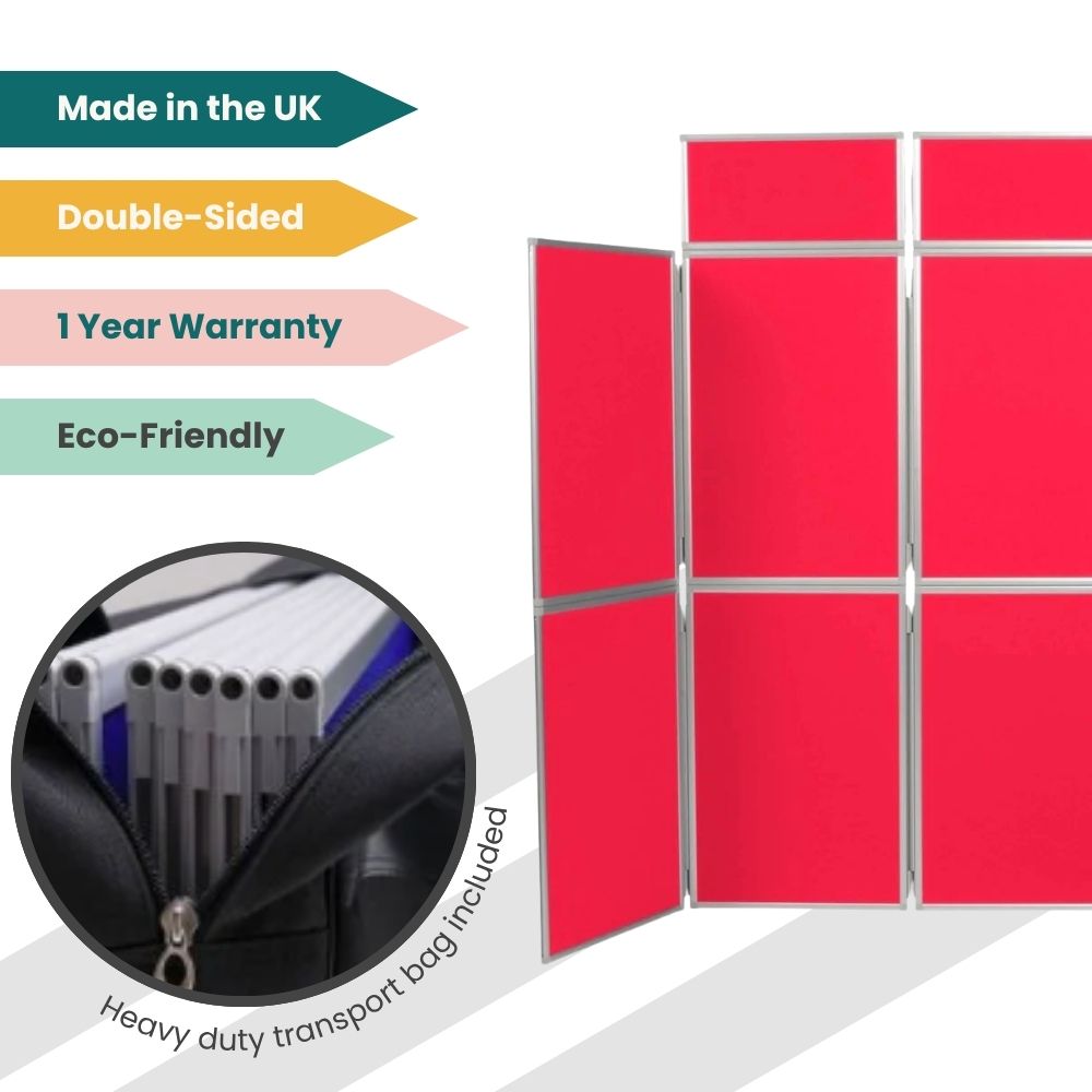 Red nine-panel display board with silver frame and carry bag, designed for eco-friendly promotional events.