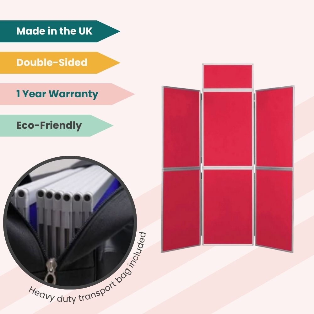 Red nine-panel display board with T-shaped header and carry bag, ideal for eco-friendly promotional events.