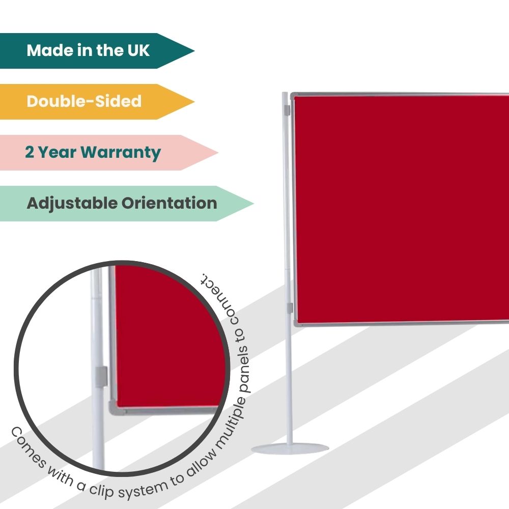 Red modular display panel with clip system and adjustable orientation, designed for UK exhibitions.