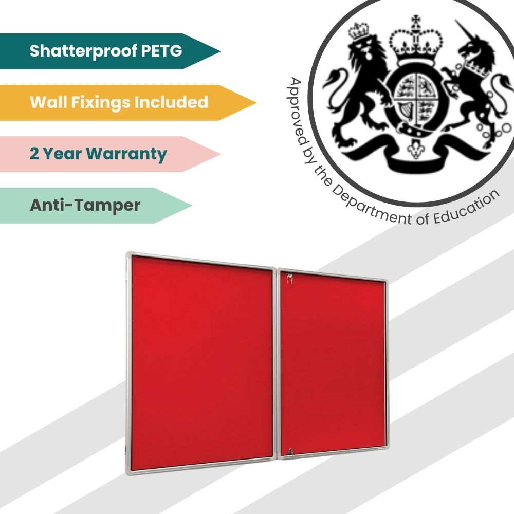 Red double-panel noticeboard with PETG cover and lock, approved for secure school or office use.