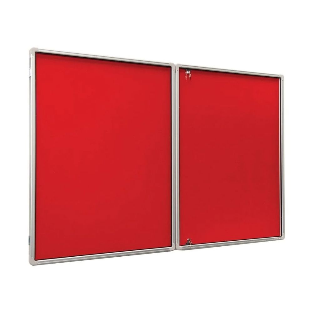 Lockable red dual-panel noticeboard with silver frame, designed for secure public or institutional use.