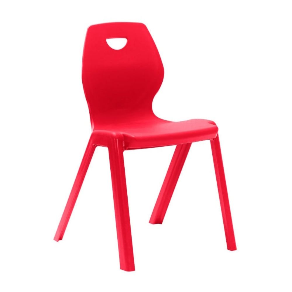 Red plastic chair with curved seat and backrest, top-handle slot, and stable angled legs for educational use.