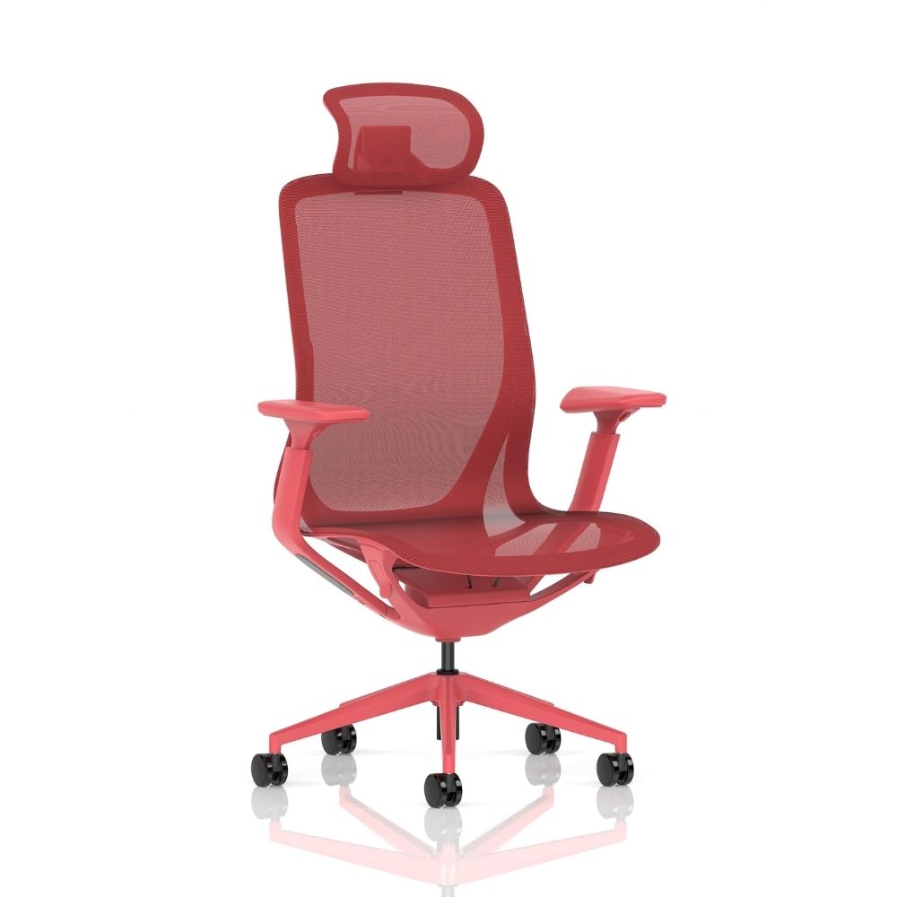 High-back ergonomic office chair in red mesh with integrated headrest, adjustable armrests, and a red five-wheel swivel base, displayed against a white background.