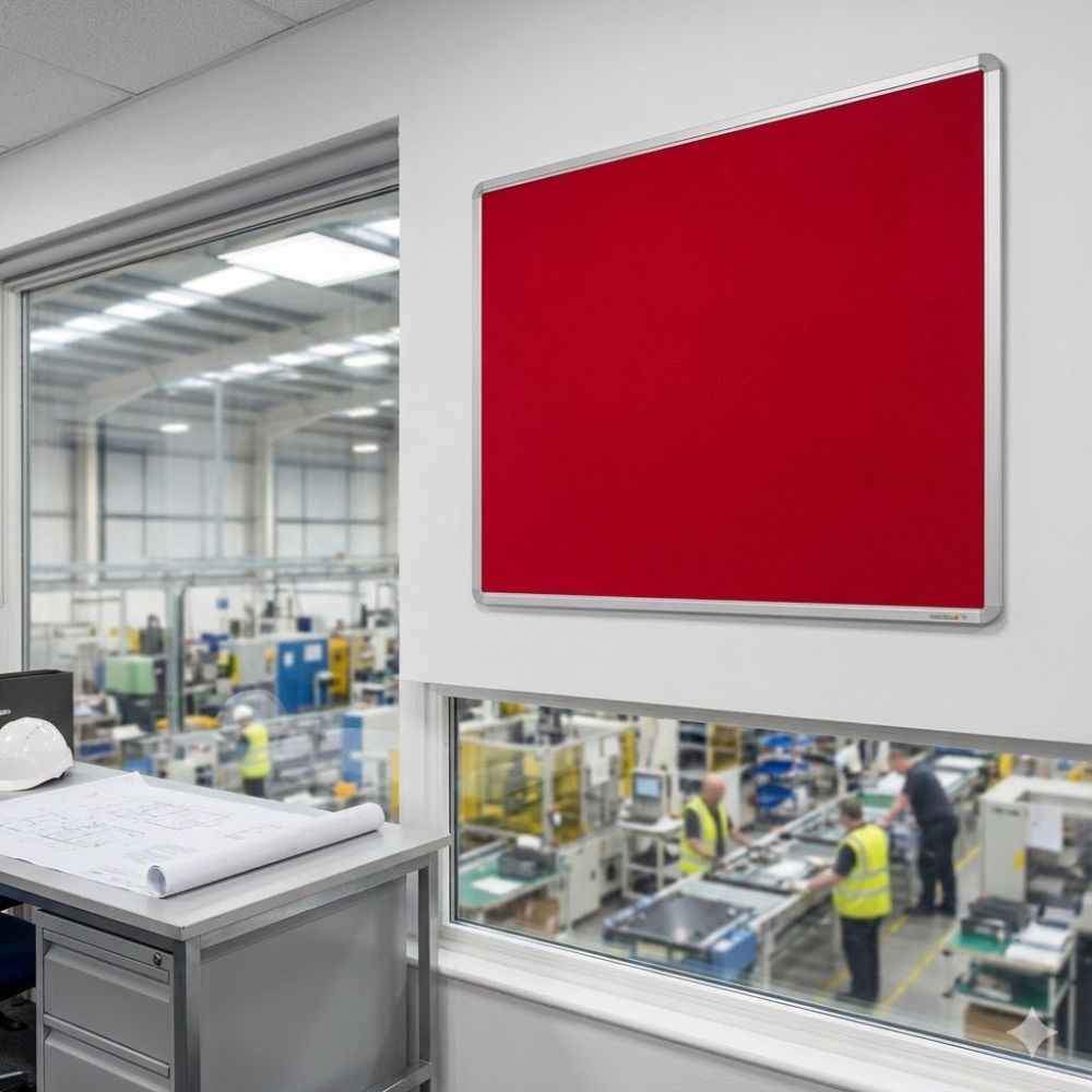 Red felt noticeboard with aluminium frame, mounted on an office wall overlooking a busy industrial workspace.