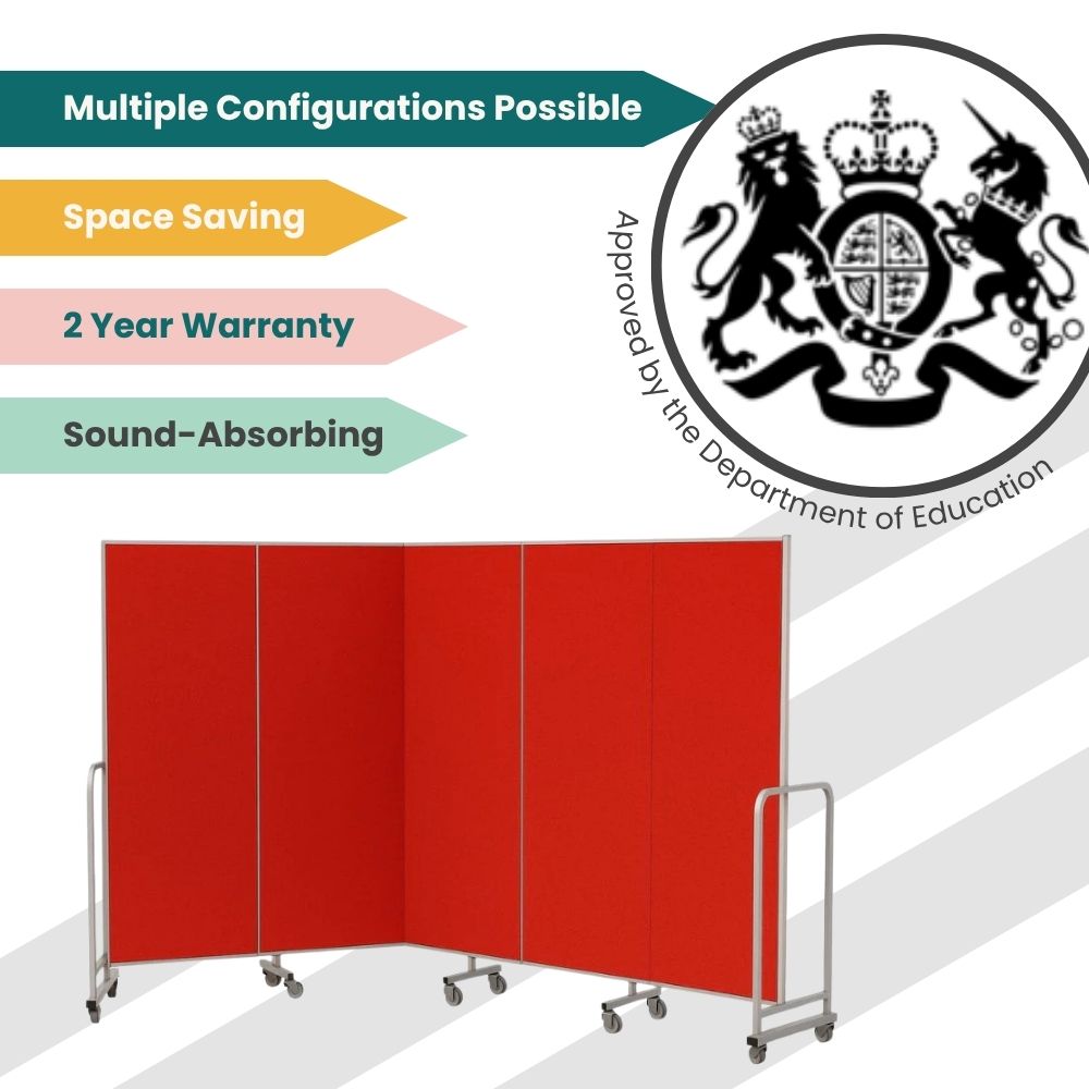 Red mobile screen with acoustic panels and compact footprint, endorsed for school installations.