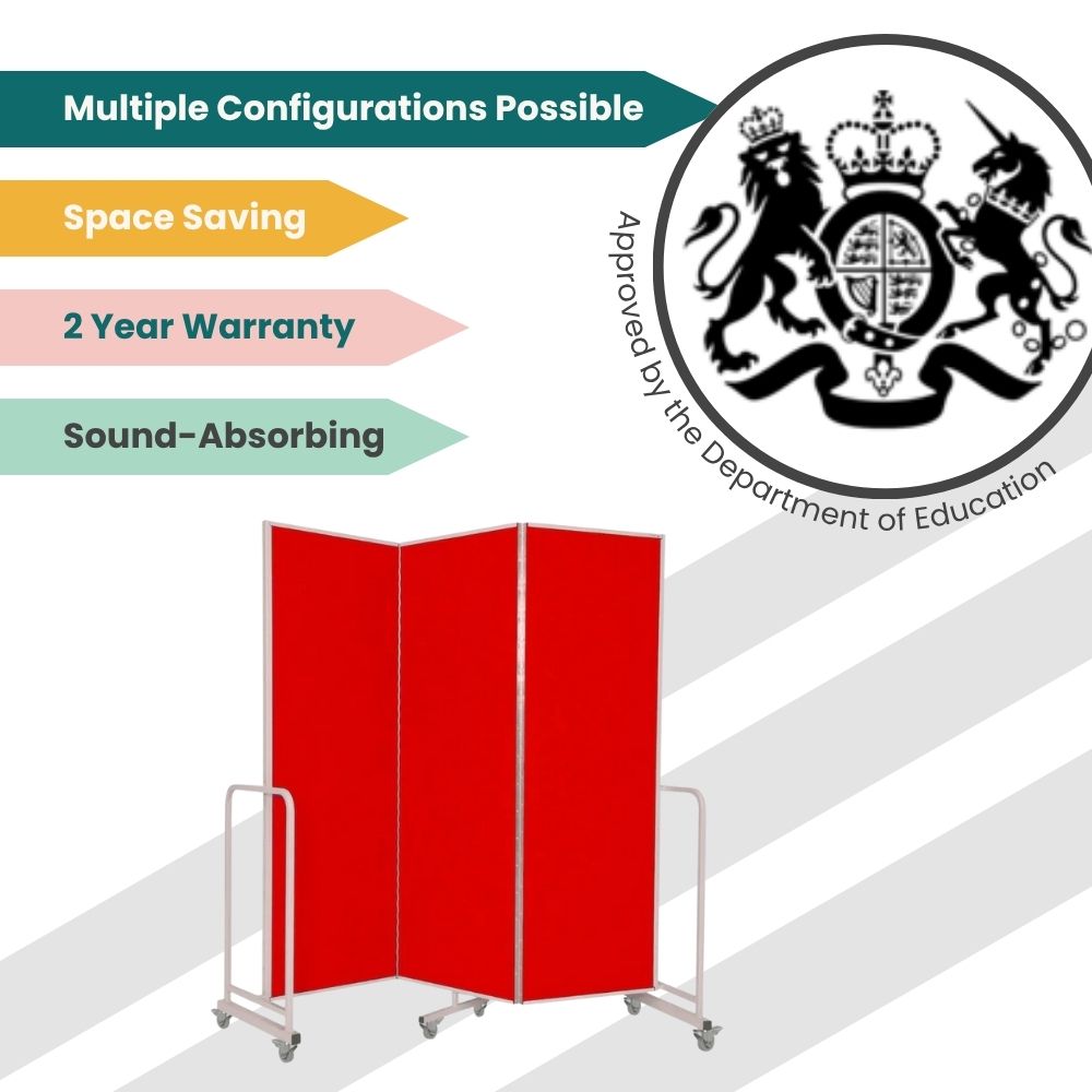 Red foldable screen with sound-dampening panels and caster base, approved for classroom installations.