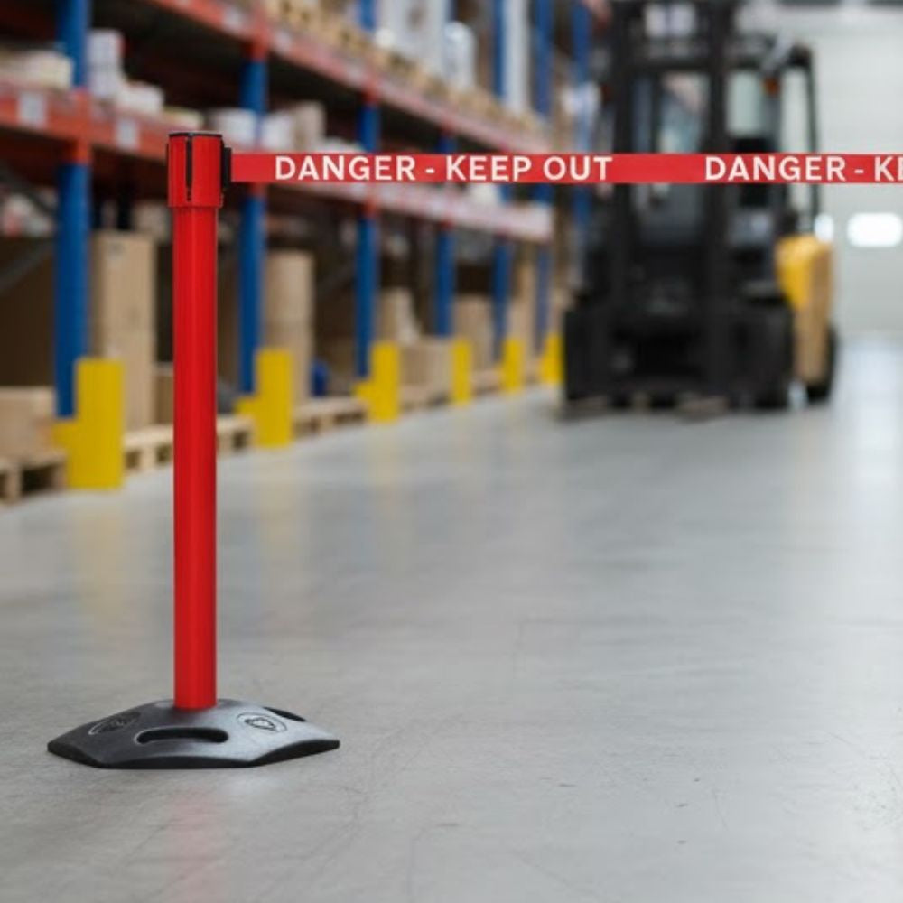 Red heavy duty outdoor retractable barrier with 3.4 metre danger keep out belt, positioned in a warehouse aisle with pallet racking, stored boxes and a forklift in the background.