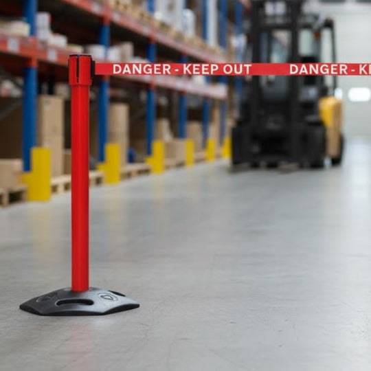 Red Heavy Duty Outdoor Retractable Barrier (3.4m Danger Belt) | Danger Zone Post