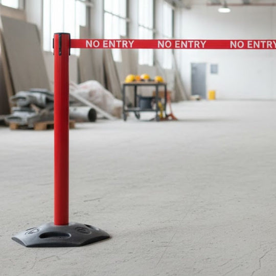 Red Heavy Duty Outdoor Retractable Barrier (3.4m No Entry Belt) | Access Control Post