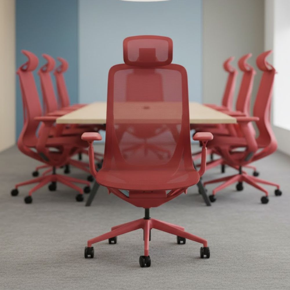 Bold red mesh office chair with integrated headrest, situated around a light wood conference table in a vibrant meeting room with blue and beige accent walls.