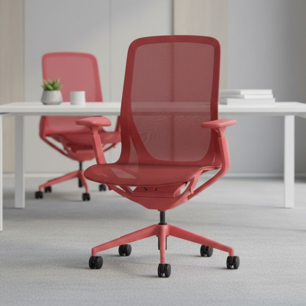 Red mesh ergonomic office chair with breathable backrest, adjustable armrests and five star swivel base with castors, positioned in a contemporary office setting with matching chair and white des