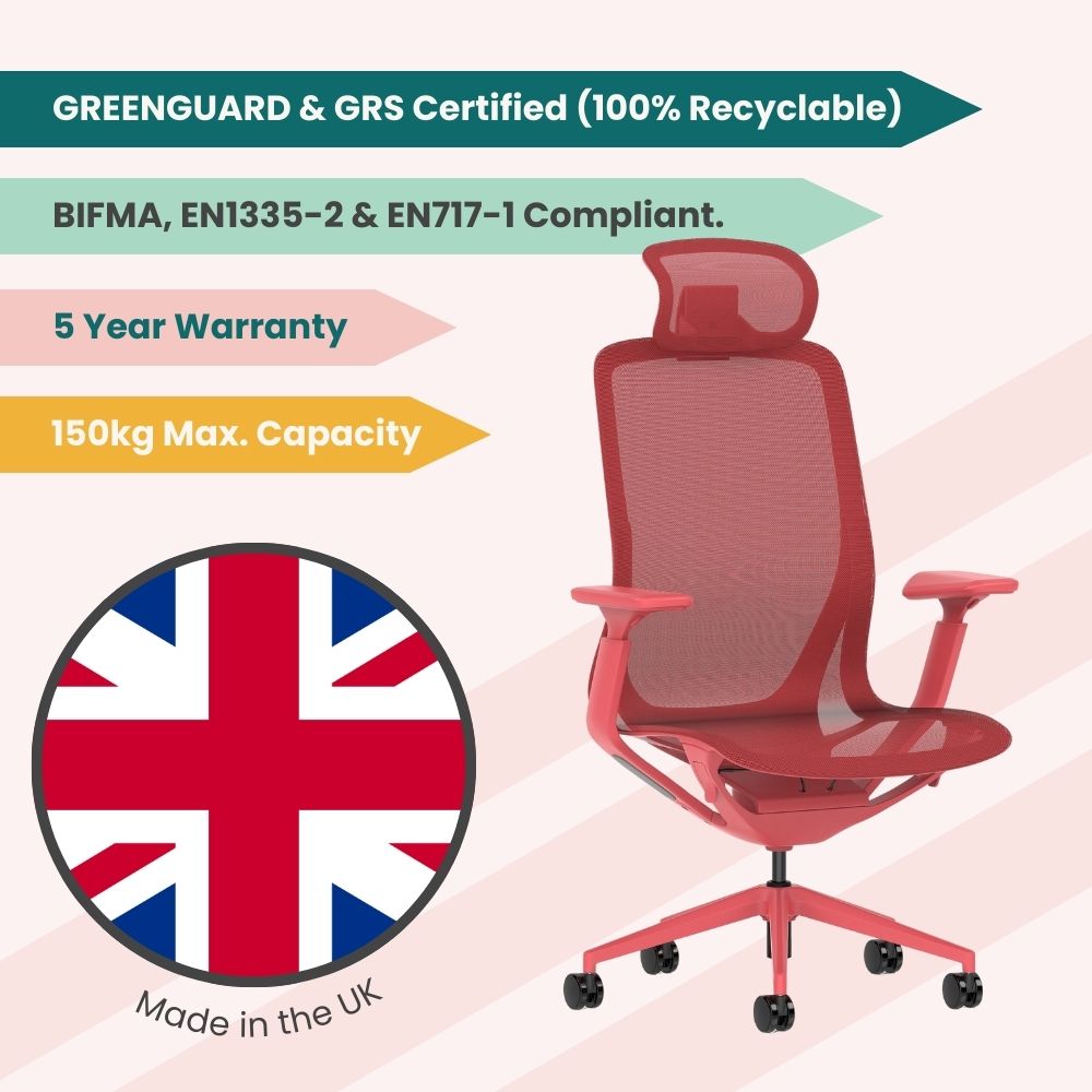 Red ergonomic mesh office chair with headrest and adjustable arms, presented with UK flag and certifications including GREENGUARD, GRS, BIFMA, EN1335-2, and EN717-1 compliance, 150kg weight capacity, and a 5-year warranty.