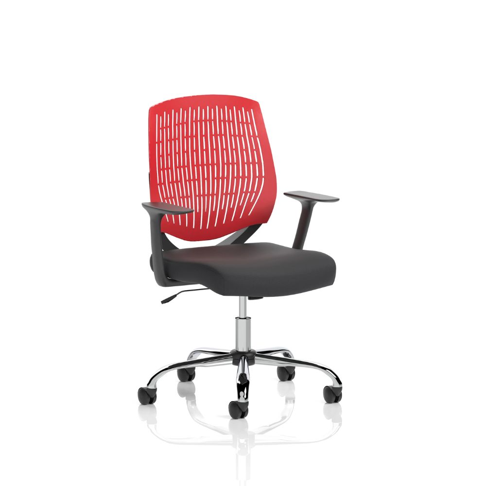 Red modern office chair with ventilated slatted backrest, padded seat, armrests and chrome five-star wheeled base isolated on a white background.