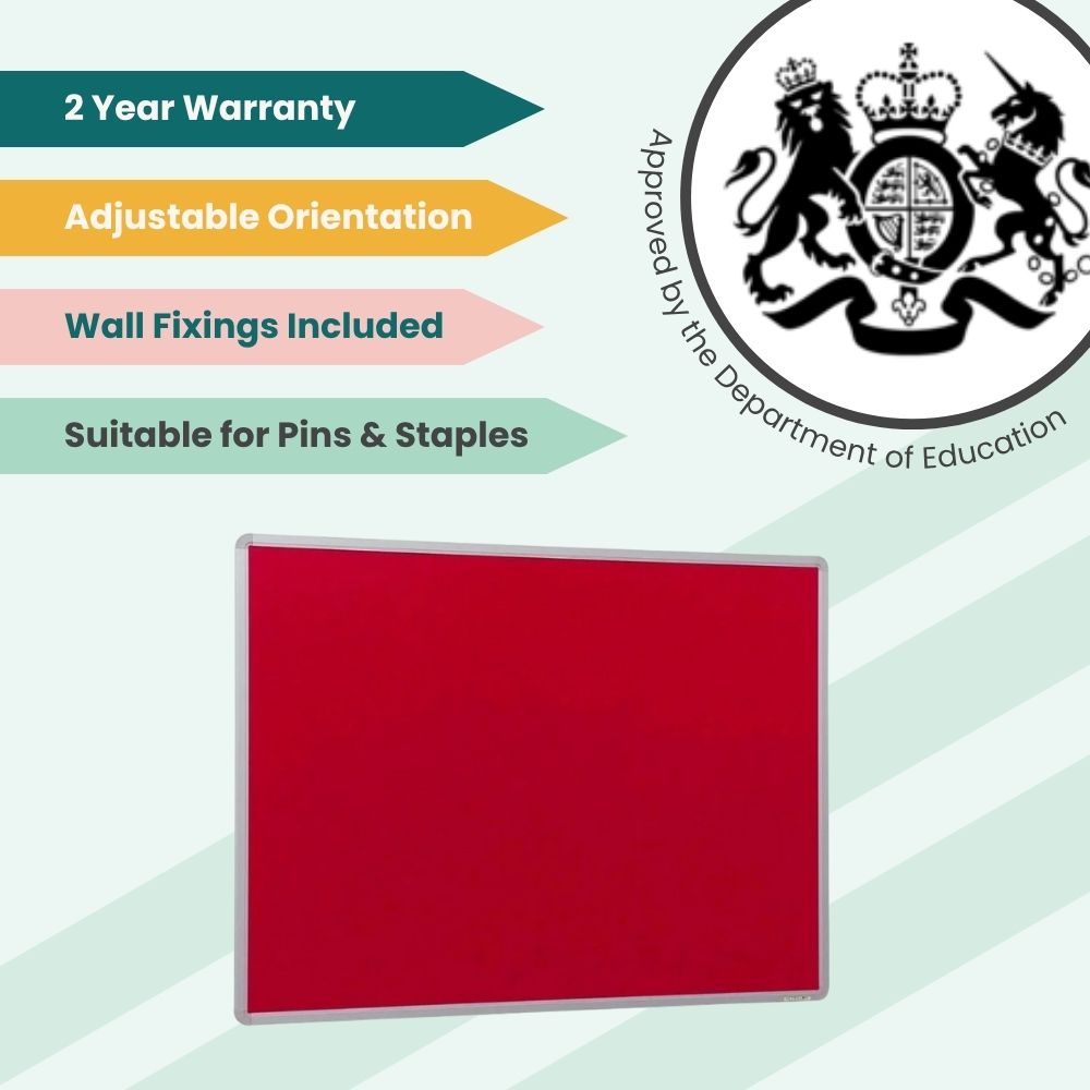 Red noticeboard with silver frame, featuring adjustable orientation, pin and staple compatibility, and Department of Education approval.