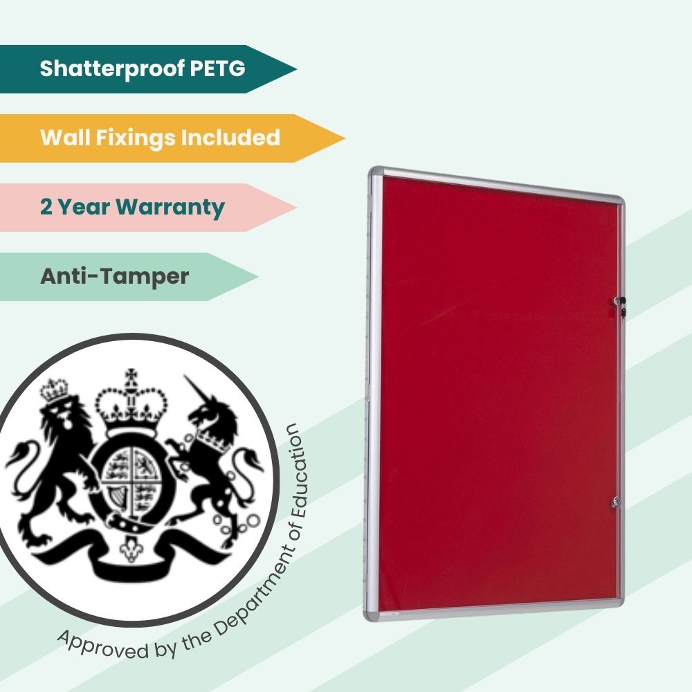 Red noticeboard with PETG cover and wall fixings, approved for educational and public use.